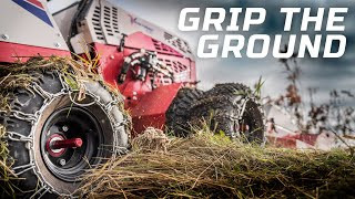 For added traction on hills and in brush, Ventrac’s tire chains can add a little extra stability for your mowing needs. The tire chains help improve traction and reduce wheel spin in rough/steep environments.